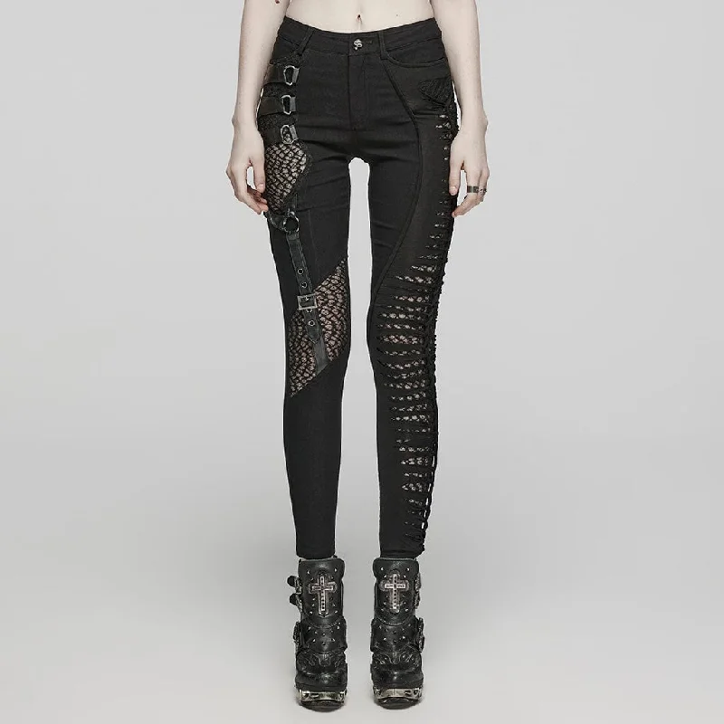 Women's Punk Mesh Buckle Spaghetti Strap Pants Soft Sweatpants Style