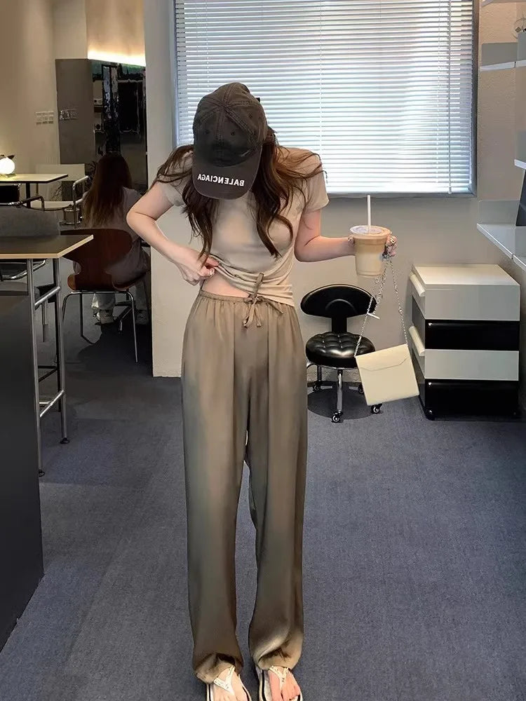 Wjczt High-Grade Draping Acetate Satin Wide-Leg Pants Women's Summer Thin Ice Silk Cool Smooth Pants Straight Mop Pants Comfy Cargo Trousers