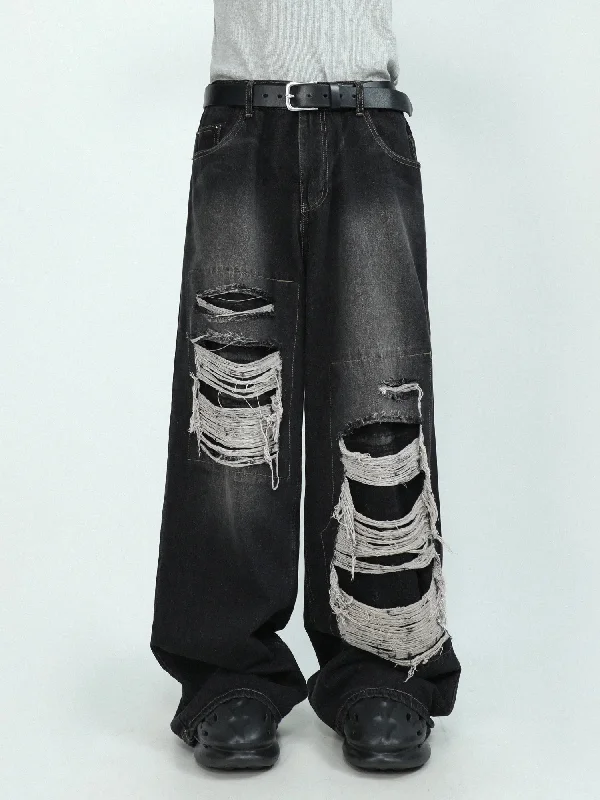 Wjczt  2025 MRNEARLY American High end Perforated Denim Pants for Men's Design Sense Small and Loose Wide Leg Straight Leg Pants hiphop Comfortable Wide-Leg Pants