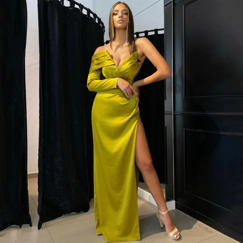 Modern One Shoulder Prom Dresses Long Sleeve Ruched Side Split Cocktail Party Women Wear Evening Gowns Sexy Vestidos,LW019 Modern One Shoulder Prom Dresses Long Sleeve Ruched Side Split Cocktail Party Women Wear Evening Gowns Sexy Vestidos,LW019