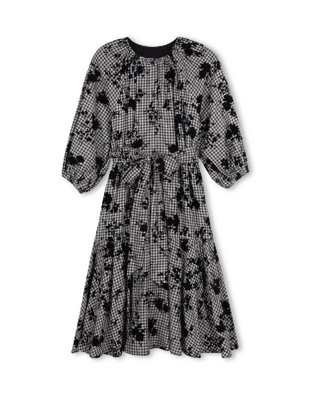 Minimal Floral Checked And Velvet Floral Printed Dress