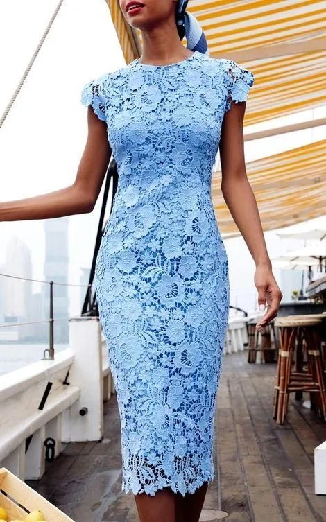 Blue Kneen Length Prom Dresses With Lace C1080