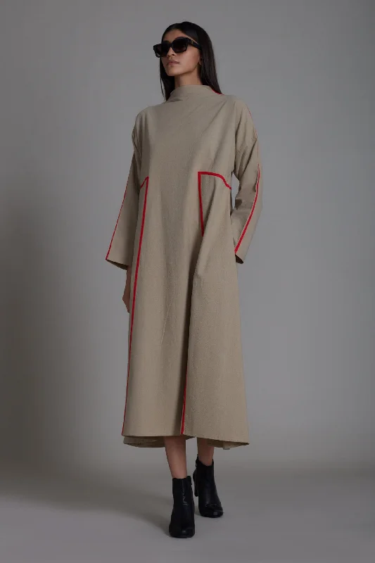 Beige & Red Piping Dress