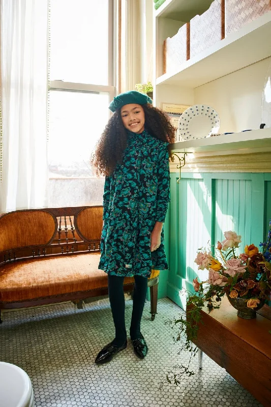 Porter Black Chiffon With Teal Neck Shirring Dress