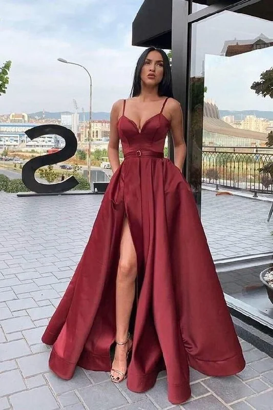 A-Line Long Straps Satin Maroon Prom Dress with packets C258