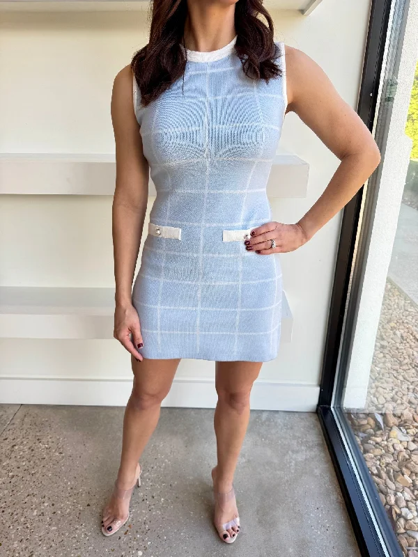 Sky Blue Check Sleeveless Crew Dress