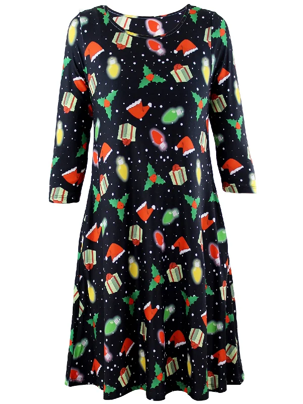 Christmas Printed Womens Lightweight Holiday Swing Dress Size Small