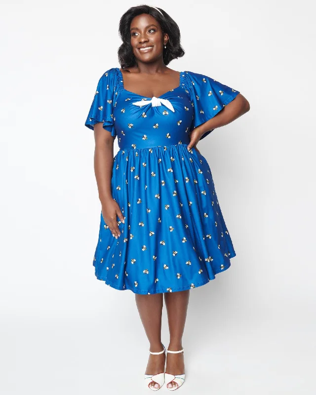 Unique Vintage Curve Blue Bee Print Swing Dress | Blue & Bee Print