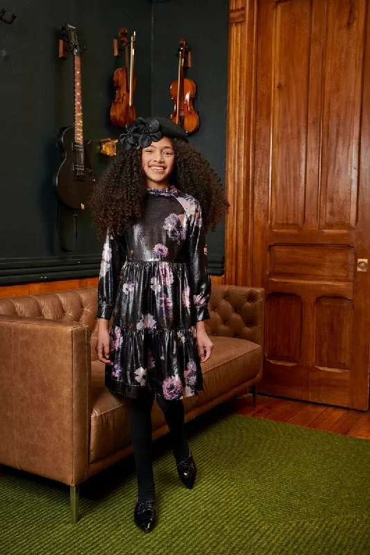 Porter Black With Gilded Purple Flowers Dress