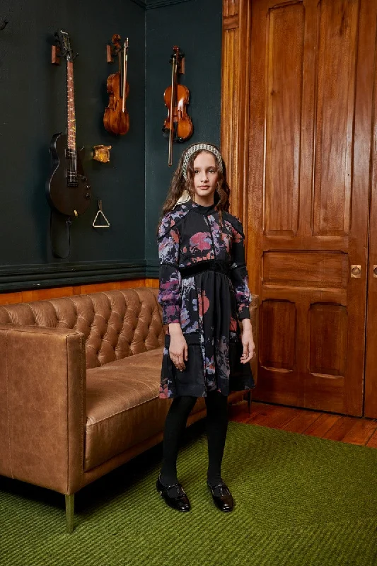 Porter Black Chiffon Watercolor Large Floral Dress