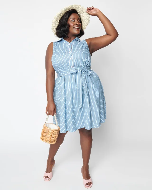 Unique Vintage Curve Blue & White Striped Heart Buttoned Flare Dress | Blue & White Stripe