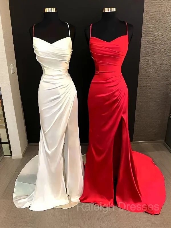 Sheath/Column Spaghetti Straps Sweep Train Elastic Woven Satin Prom Dresses With Leg Slit Sheath/Column Spaghetti Straps Sweep Train Elastic Woven Satin Prom Dresses With Leg Slit
