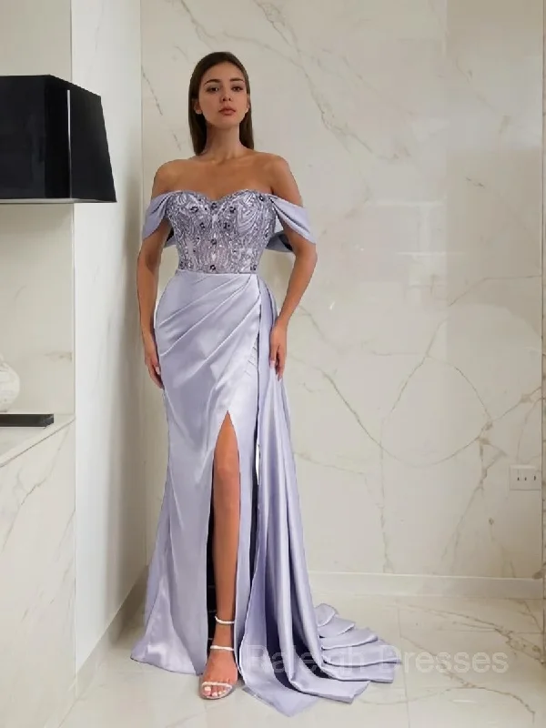 Sheath/Column Off-the-Shoulder Sweep Train Elastic Woven Satin Prom Dresses With Leg Slit Sheath/Column Off-the-Shoulder Sweep Train Elastic Woven Satin Prom Dresses With Leg Slit