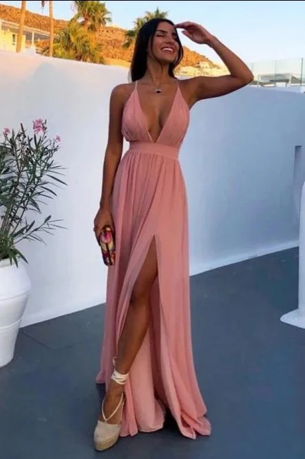 A-Line Deep V-Neck Backless Floor-Length Pink Chiffon Prom Dress with Split C346