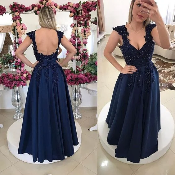 Beaded Navy Blue Cap Sleeve Prom Dress,Backless Formal Gown With Lace Appliques C462