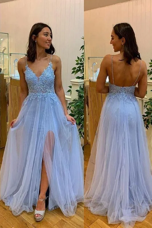 light blue long prom dress with side slit, 2022 prom dress with spaghetti straps,DS4540 light blue long prom dress with side slit, 2022 prom dress with spaghetti straps,DS4540