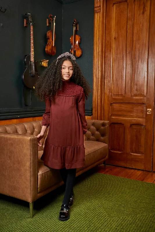 Porter Wine Chiffon Crochet Neck Dress