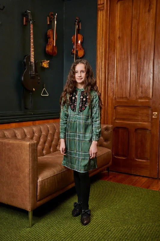 Porter Green Plaid Velvet Embroidery Dress