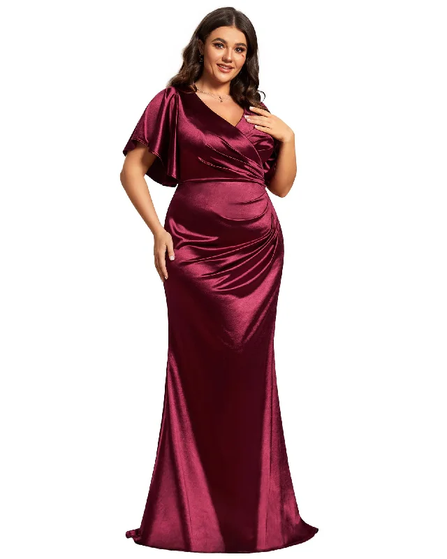 Pleated Bodycon Ruffles Sleeve High Stretch Satin Evening Dress | Burgundy