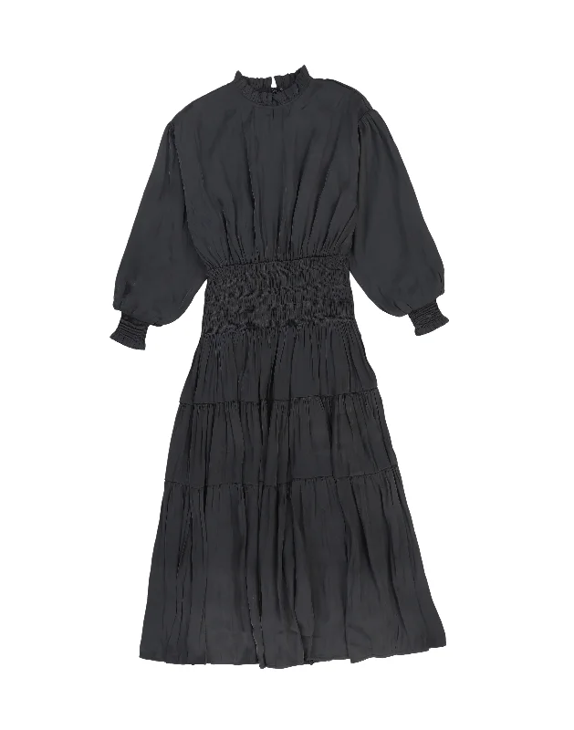 Bamboo Black Silk Smock Waist Dress