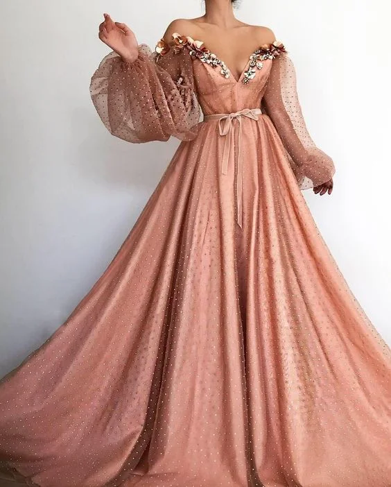 pink off the shoulder v-neck long sleeves prom dress,lace tulle beading full length school event dress,DS4212 pink off the shoulder v-neck long sleeves prom dress,lace tulle beading full length school event dress,DS4212