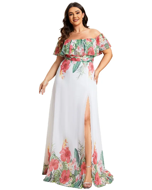 Summer Printed Chiffon Off the Shoulder A-Line Evening Dress | White Red
