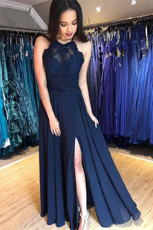 A-line Navy Blue Chiffon Split Long Prom Dress with Beading C458