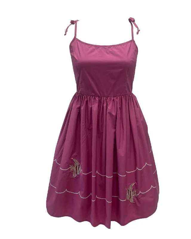 Unique Vintage Mauve Fish Embroidered Bobbie Swing Dress | Pink