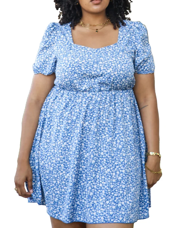 White Floral Print Swing Dress with Square Neckline | Blue