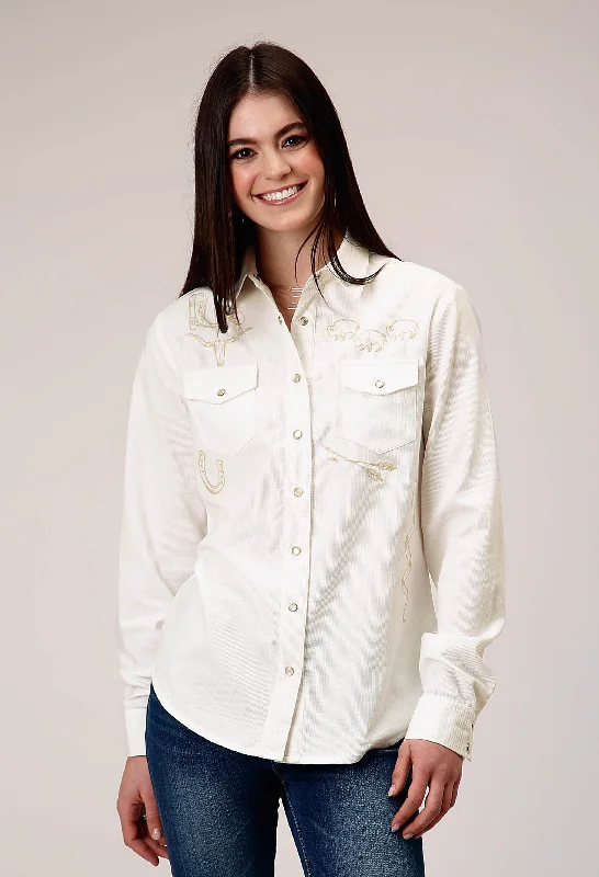 WOMENS LONG SLEEVE SNAP CREAM CORDUROY WESTERN BLOUSE WITH EMBROIDERY DECORATION Silky Draped Blouse