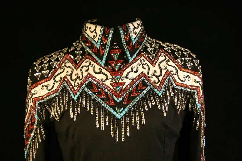 2000 Black Rust Turquoise Show Blouse, Ladies L,  8637-8 Chic Square Blouse