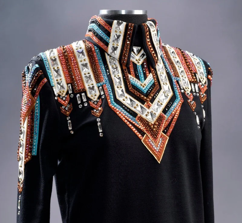 #2004 Black w/Rust, Turq, White Show Blouse, Ladies M , 8637-9 Mandarin Collar Blouse #2004 Black w/Rust, Turq, White Show Blouse, Ladies M , 8637-9 Mandarin Collar Blouse