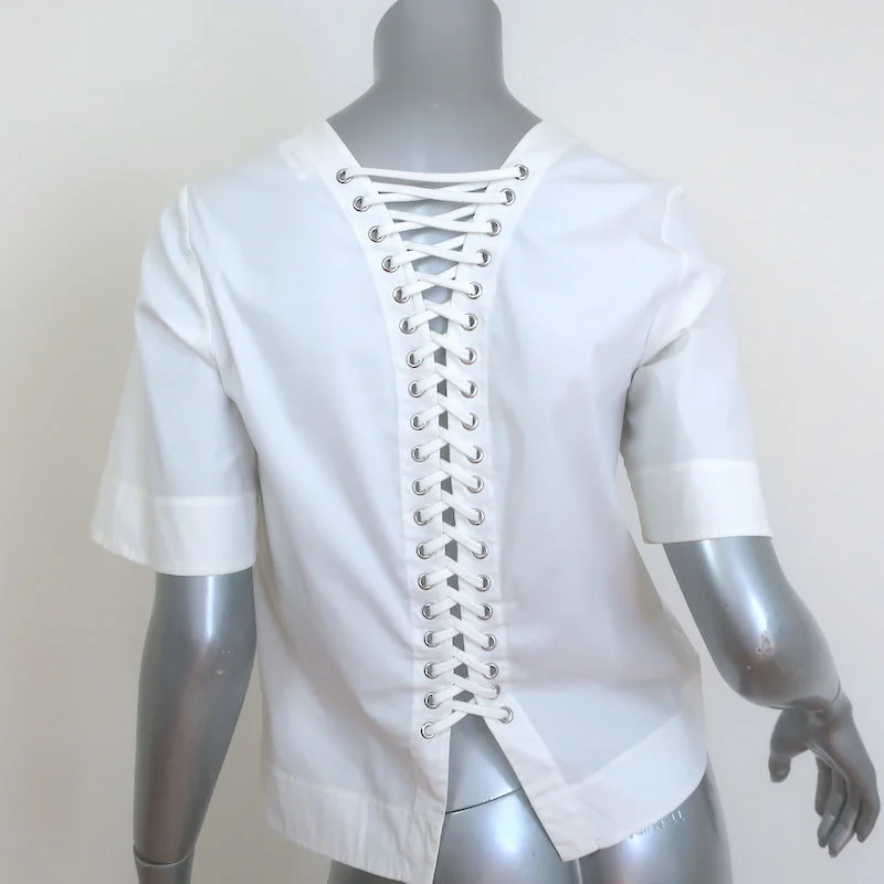 A.L.C. Lace-Up Back Top White Stretch Cotton Size 4 Short Sleeve Blouse Casual Relaxed Fit Blouse A.L.C. Lace-Up Back Top White Stretch Cotton Size 4 Short Sleeve Blouse Casual Relaxed Fit Blouse