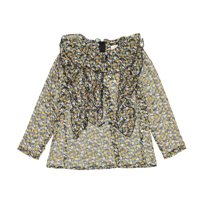 A4 Multi Floral Ruffle Blouse Sheer Sleeve Blouse