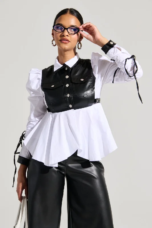 ALWAYS FABULOUS FAUX LEATHER DETAIL BUTTON DOWN BLOUSE Short Sleeve Blouse