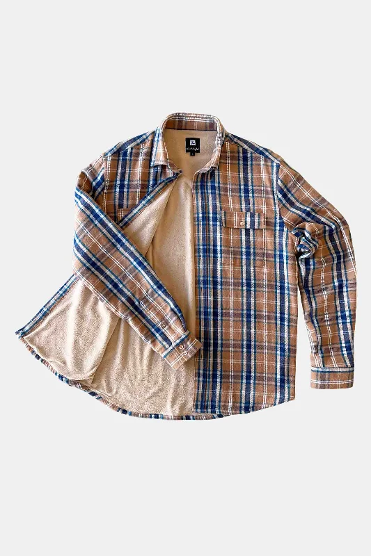Beached Out Flanno Shacket Caramel/Navy Frilled Cuff Blouse