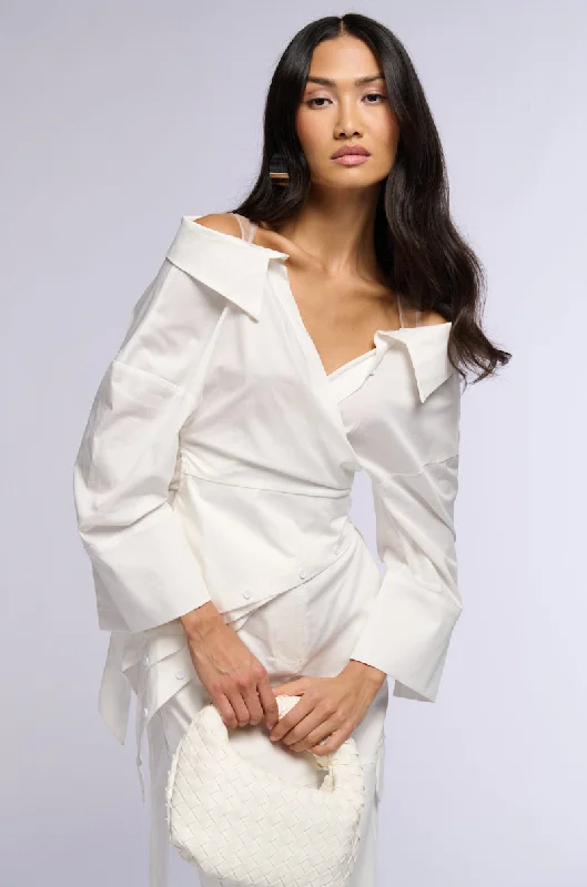 BILLY OFF THE SHOULDER WRAP FRONT BLOUSE Feminine Tie Blouse