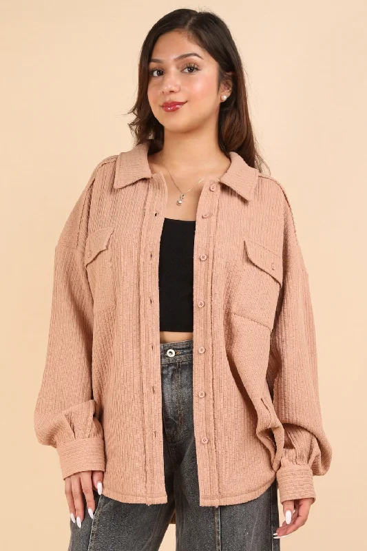 Textured Knit Button Down Blush Shacket for Women Pastel Color Blouse