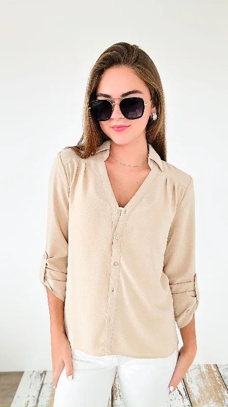 Classic Breeze Roll-Tab Blouse Top - Beige Casual Relaxed Fit Blouse