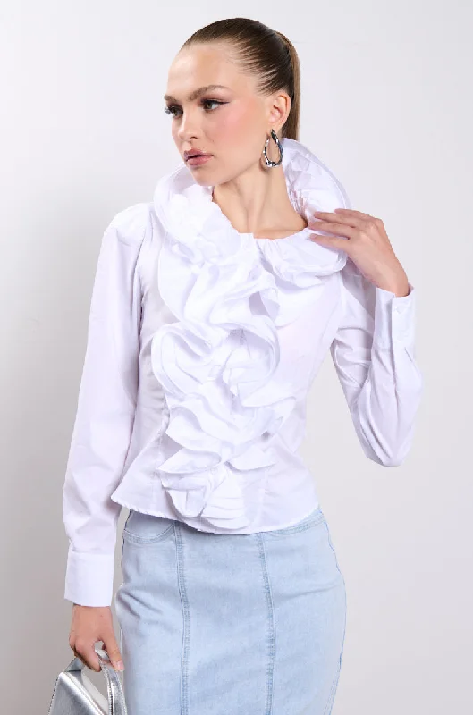 CALISTA STATEMENT RUFFLE COLLAR BUTTON DOWN BLOUSE Elegant Peplum Blouse