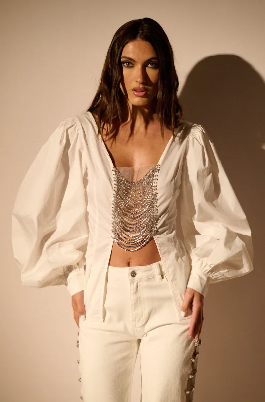 CARRY AWAY RHINESTONE LINK BLOUSE Silky Draped Blouse
