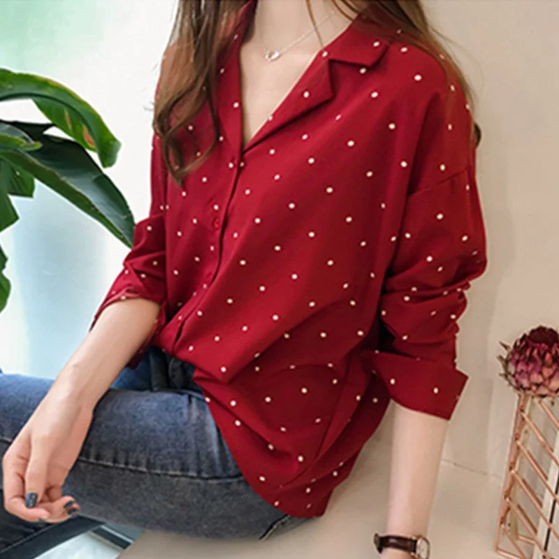 Casual Chiffon Polka Dots Shirt Women Top  Long Sleeves Blouses Modern Work Blouse