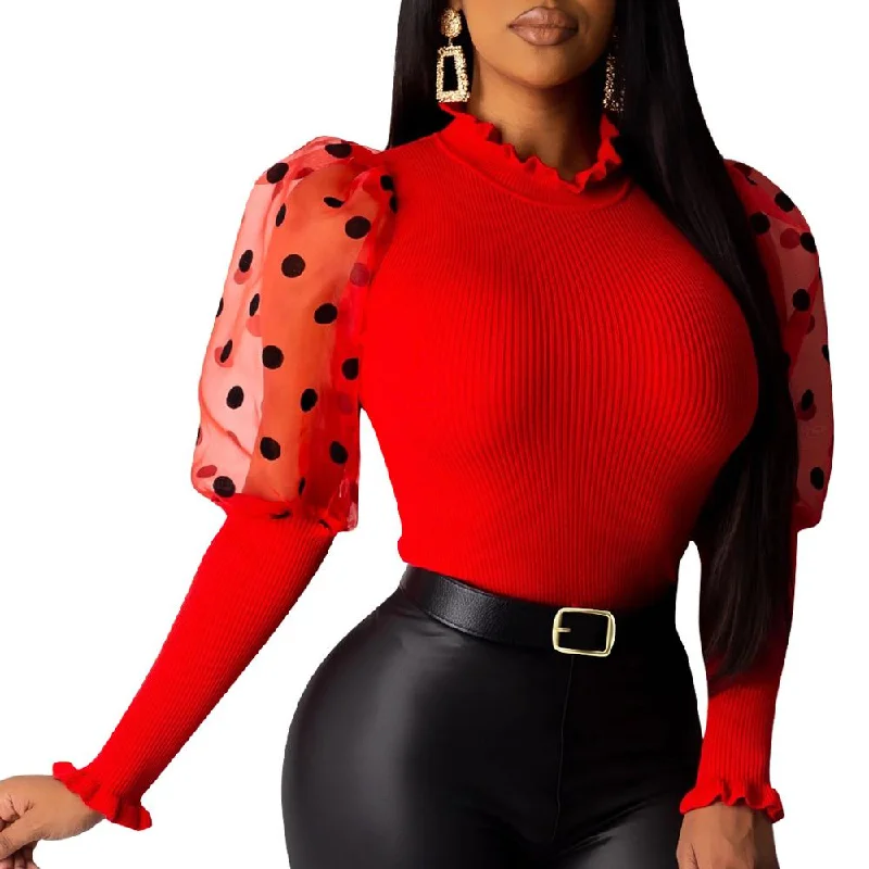 Casual Knit Ribbed Blouse O-neck Slim Mesh Polished Work Blouse