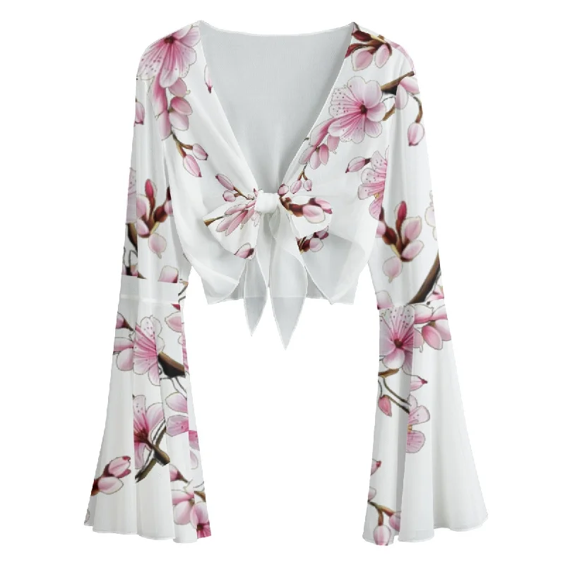 Cherry Blossom Women's Tie Front Cropped Blouse Office-Ready Blouse