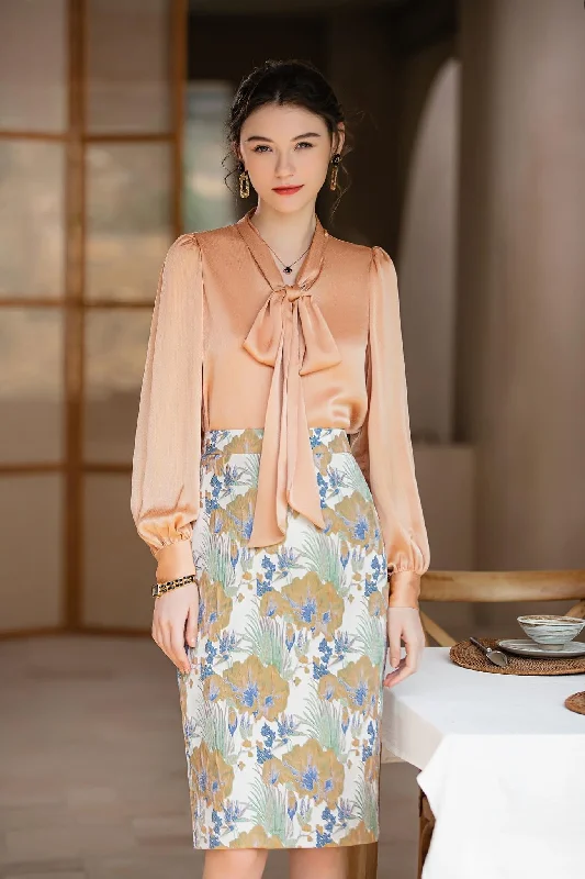 Chic Apricot Bow-Tie Blouse Frilled Cuff Blouse