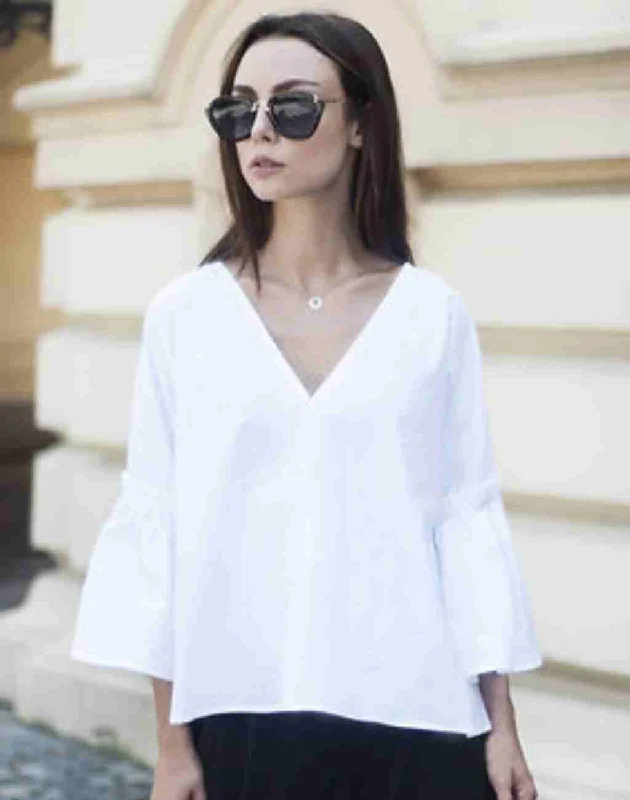Classic White Poplin Molly Blouse with V-Neck | Pleated Flared Sleeves Satin Bow Blouse