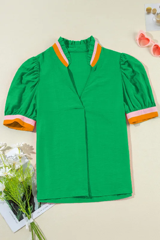 Contrast Trim Notched Short Sleeve Blouse Bell Sleeve Blouse