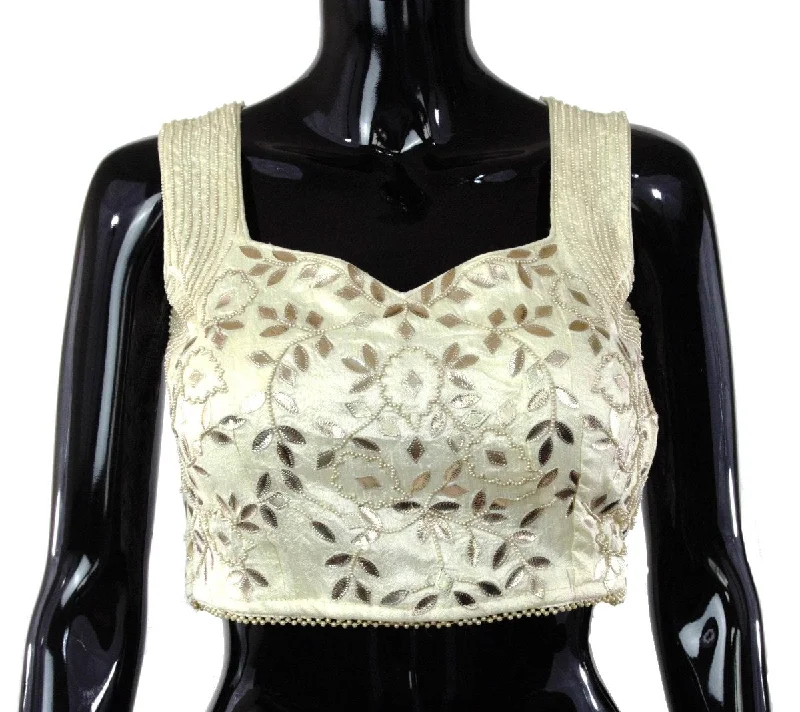 Cream Color Silk Blouse with Leather Patti Work Casual Relaxed Blouse