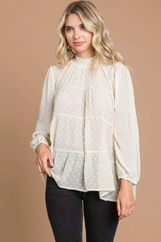Culture Code Full Size Swiss Dot Smocked Mock Neck Blouse Sleeveless Chiffon Blouse