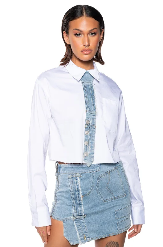 DENIM DAY TIE DETAIL BUTTON DOWN BLOUSE Elegant Semi-Sheer Blouse